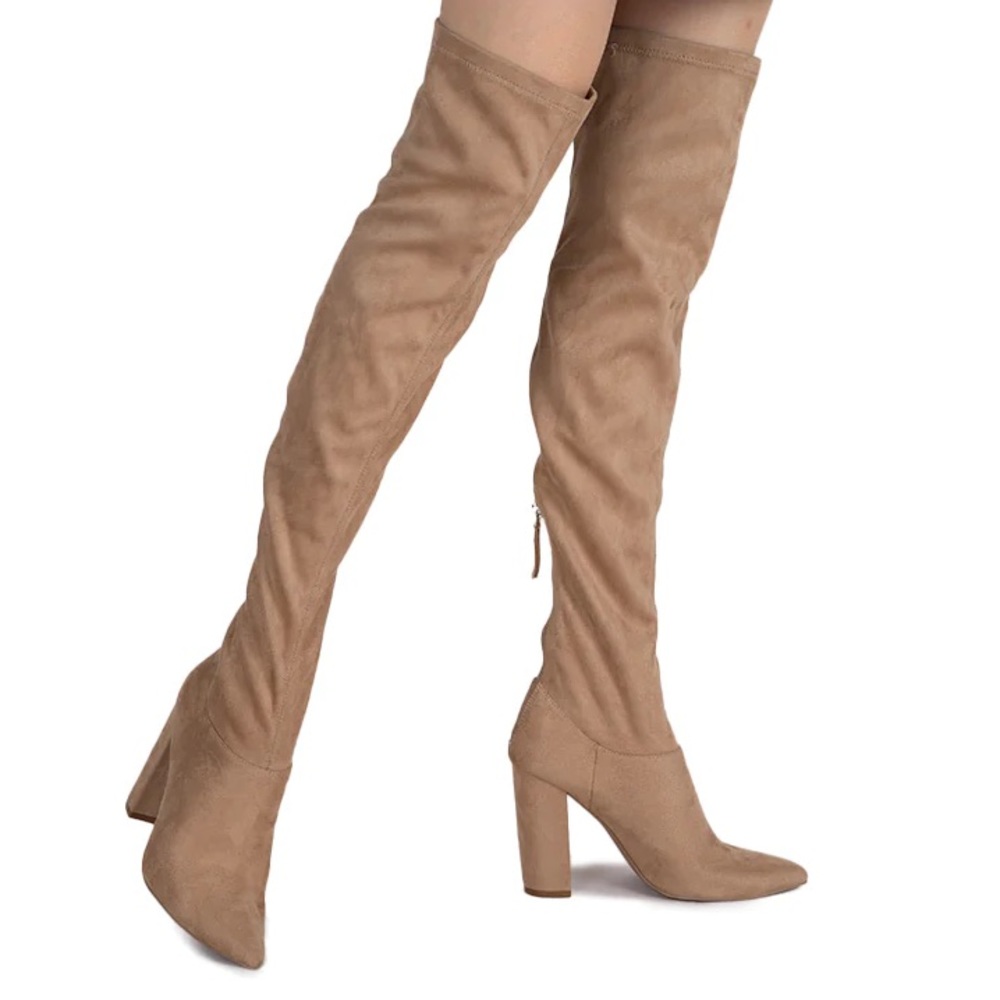 New In Box Qupid Signal-145x Suede Over the Knee Boots in Warm Taupe